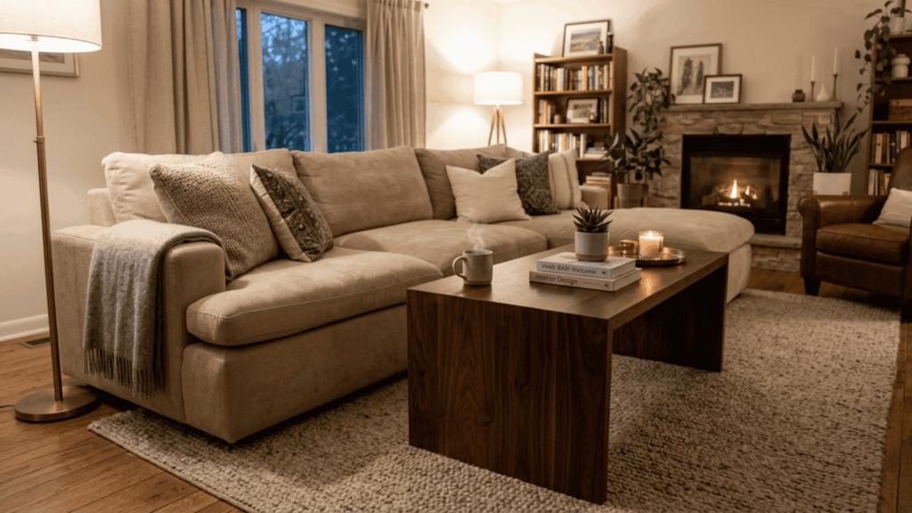 a tall dark walnut coffee table placed beside a high cushioned plush sofa showing the correct height pairing in a cozy living room