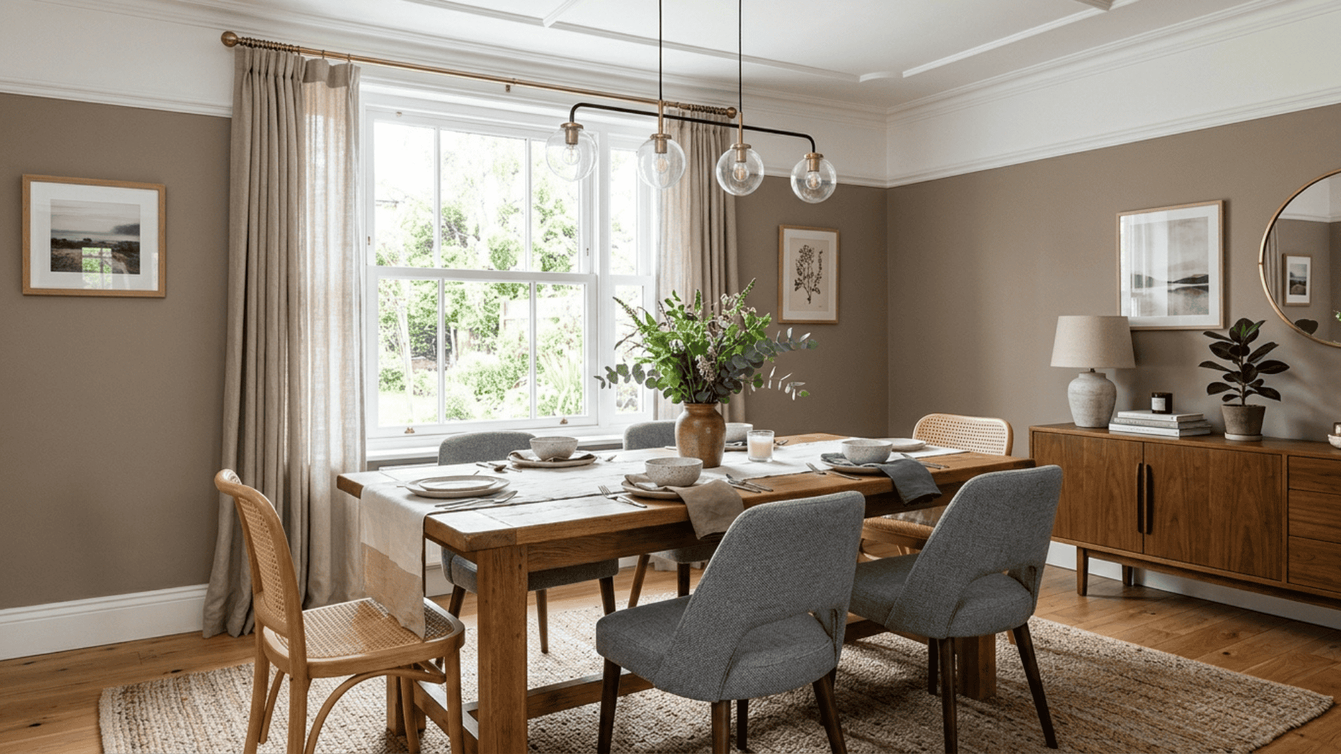 a taupe dining room with white trim mixed furniture tones and layered textiles offering a quiet adaptable base for any dining style