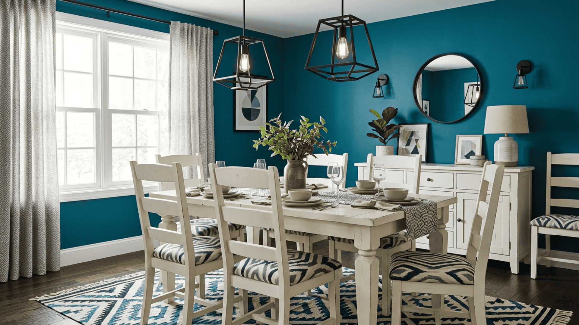 a teal dining room with cream painted furniture matte black fixtures and geometric textiles working well in a modern traditional setting