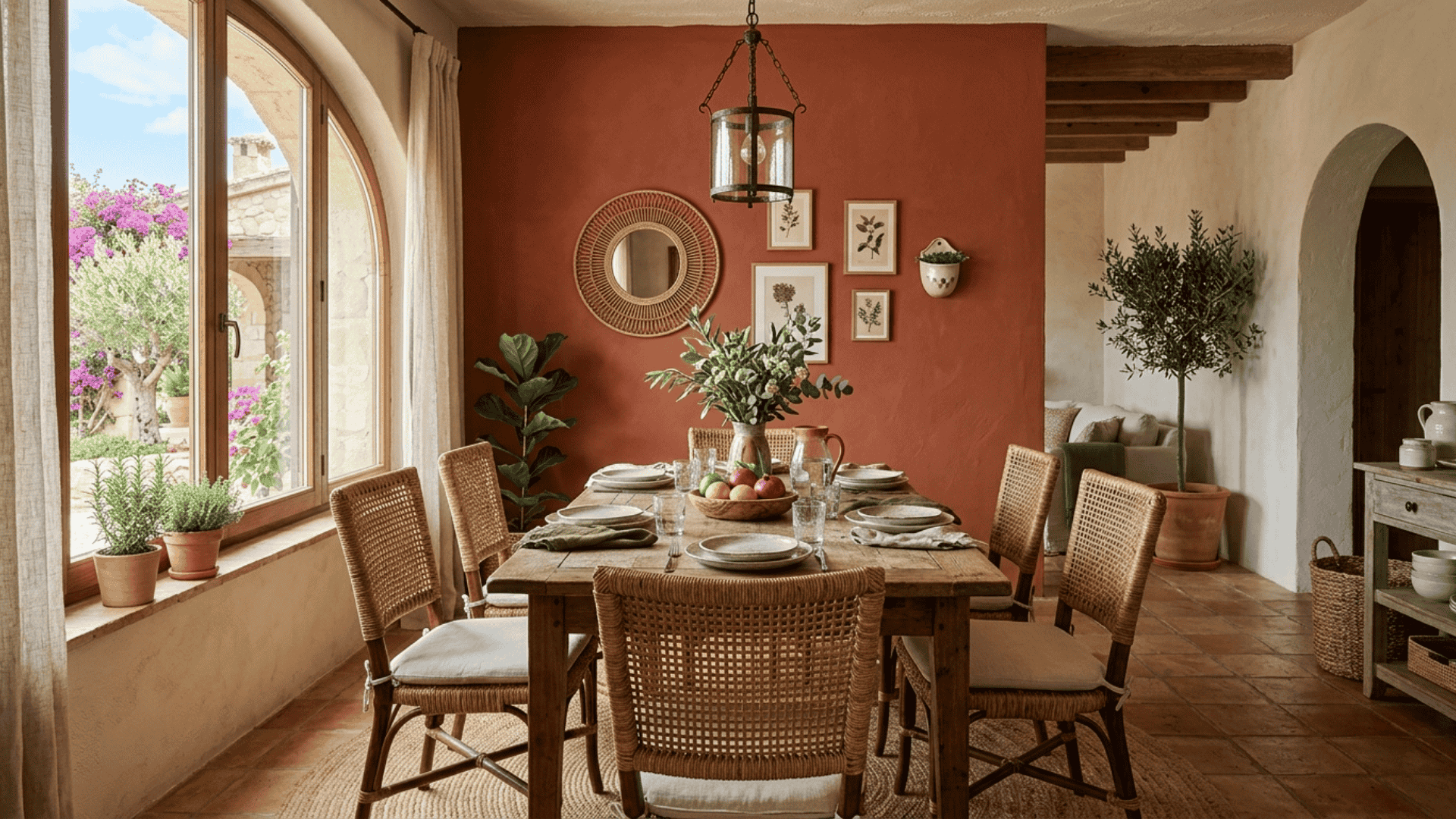 a terracotta dining room with rattan furniture cream surrounding walls and green plants giving a warm mediterranean inspired earthy feel