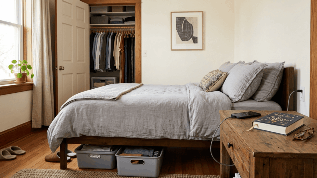 a tidy bedroom with phone charger, books and glasses on the nightstand, visible under-bed storage, and an organized closet nearby