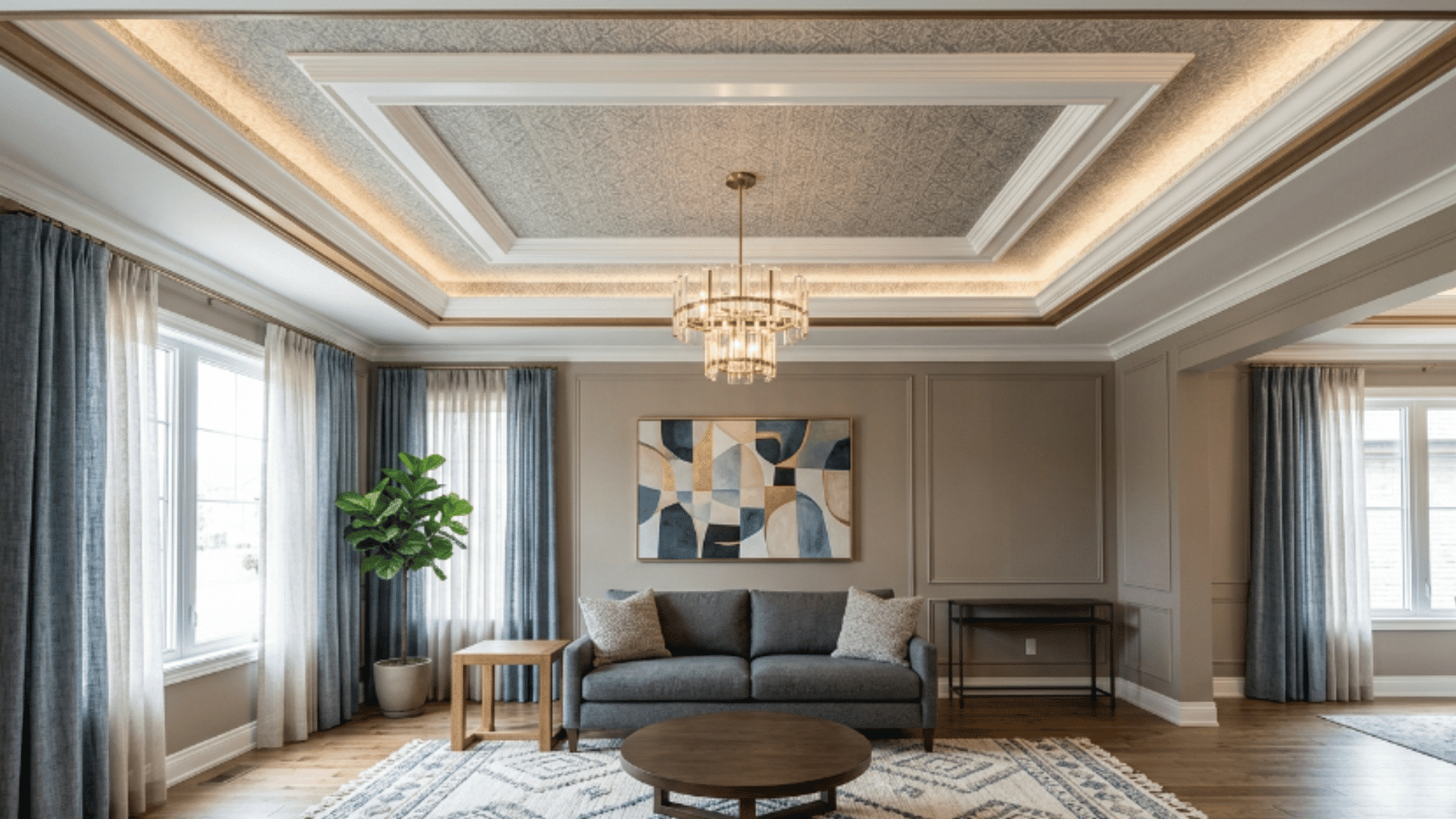 a tray ceiling combining paint, wallpaper, and trim for a layered and detailed look