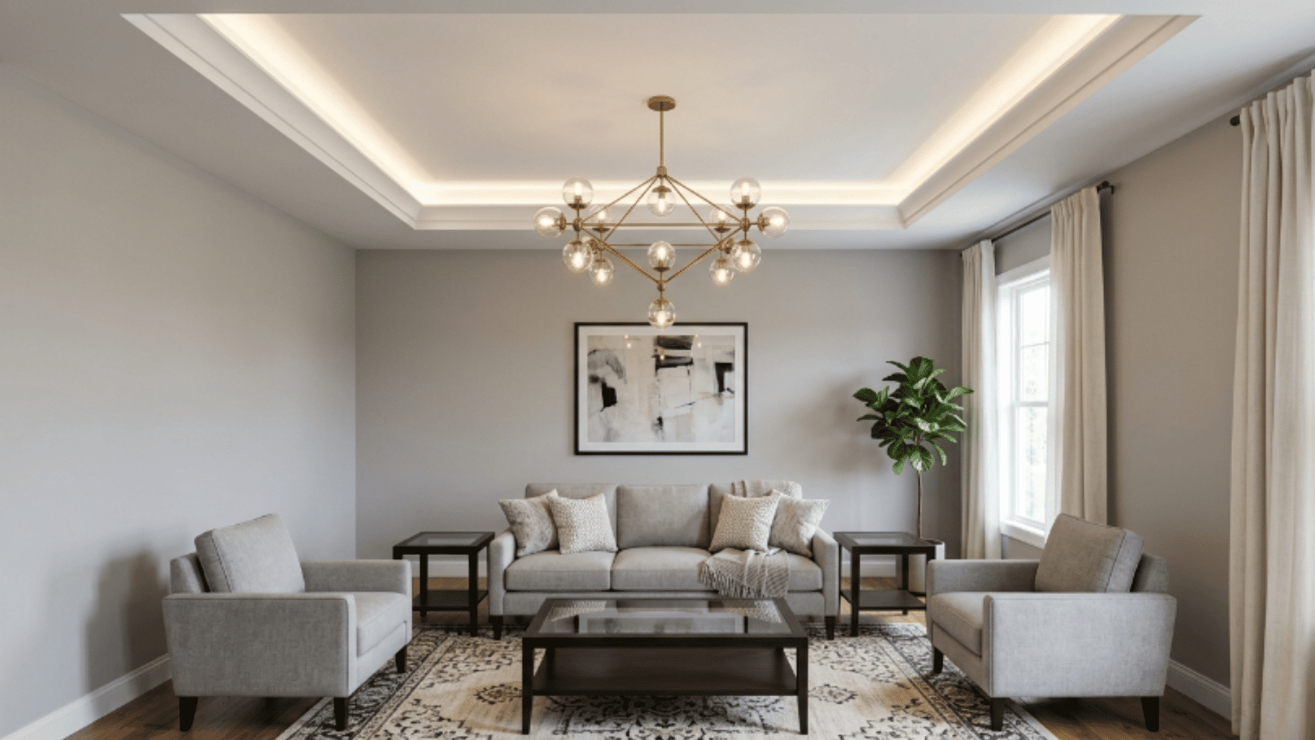a tray ceiling designed to highlight a central chandelier as the main feature