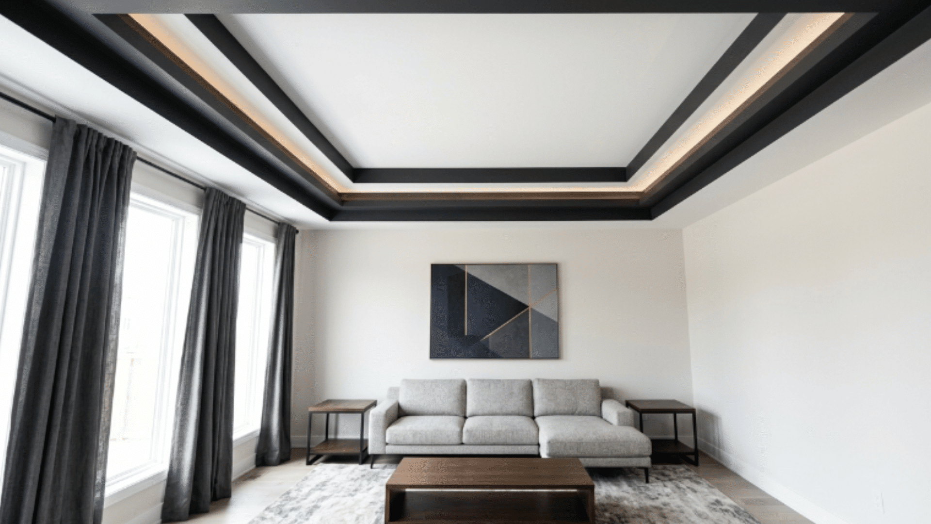 a tray ceiling with darker trim edges and a lighter center creating a sharp and defined ceiling look