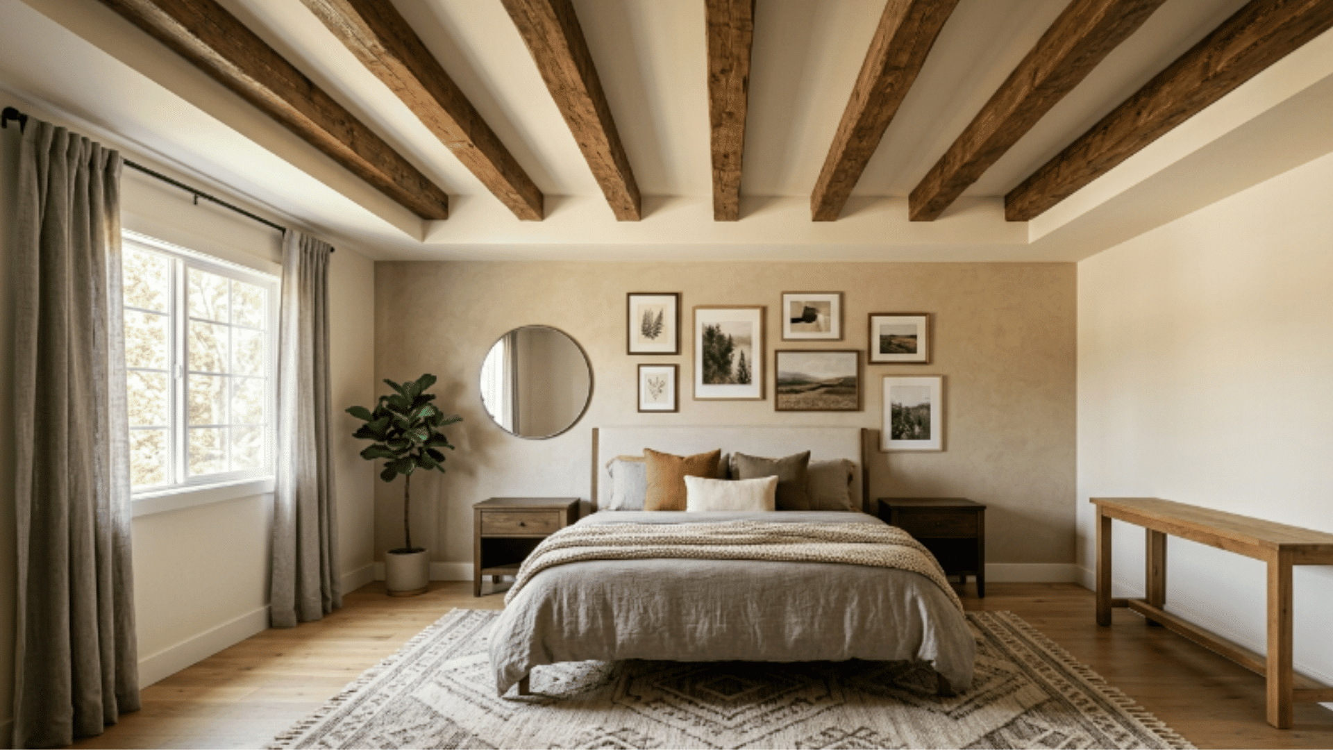 a tray ceiling with exposed wooden beams adding a natural and warm look to the space