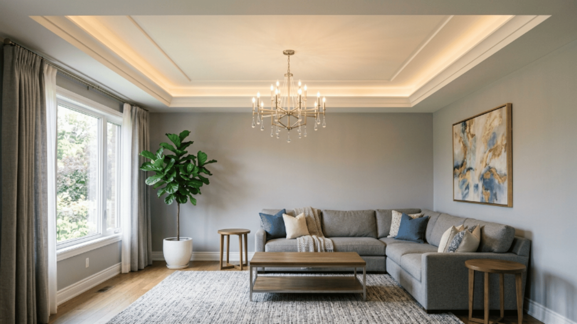 a tray ceiling with hidden lighting along the edges creating a soft glowing effect