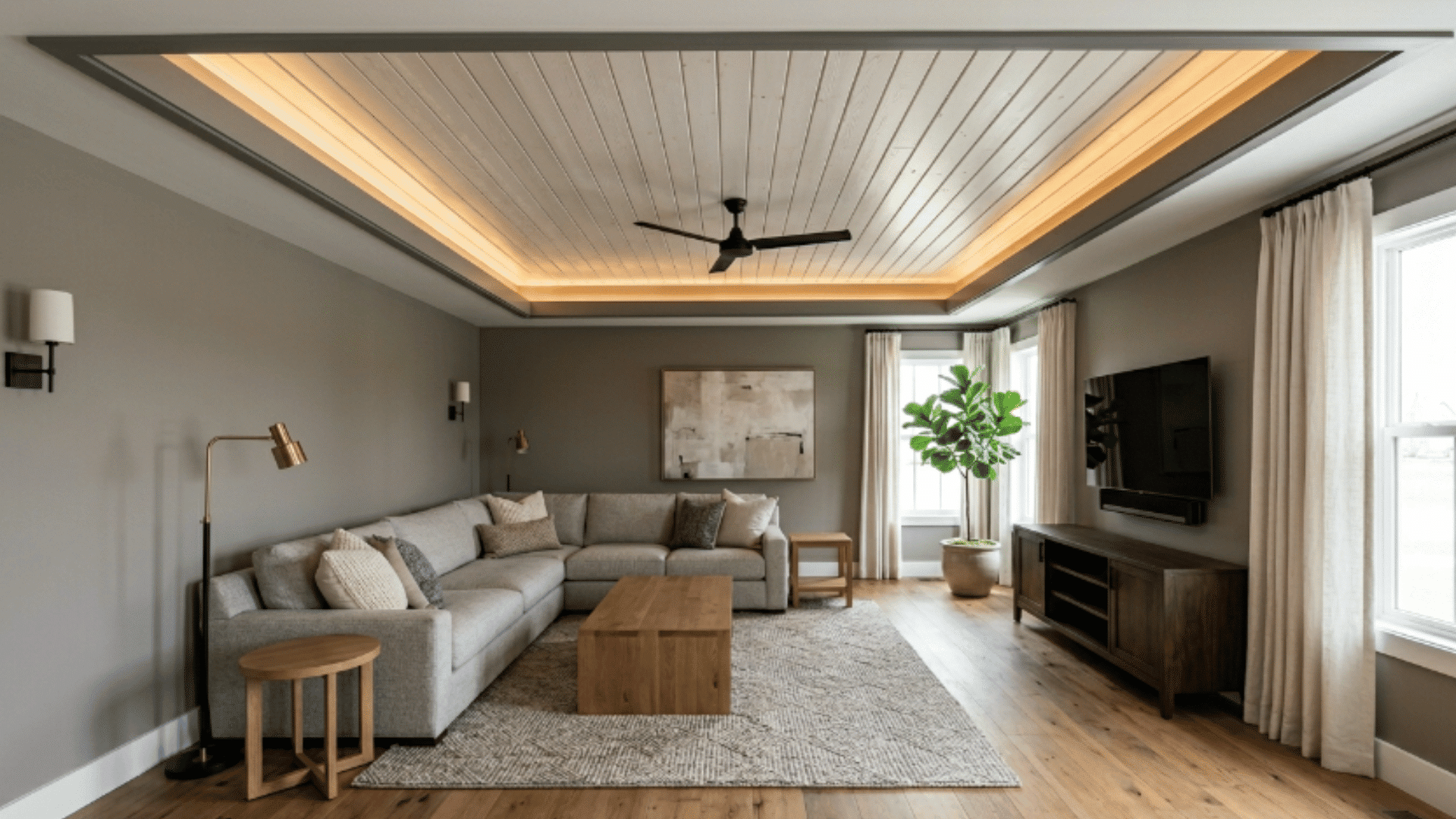 a tray ceiling with horizontal shiplap boards adding texture and a simple structured pattern