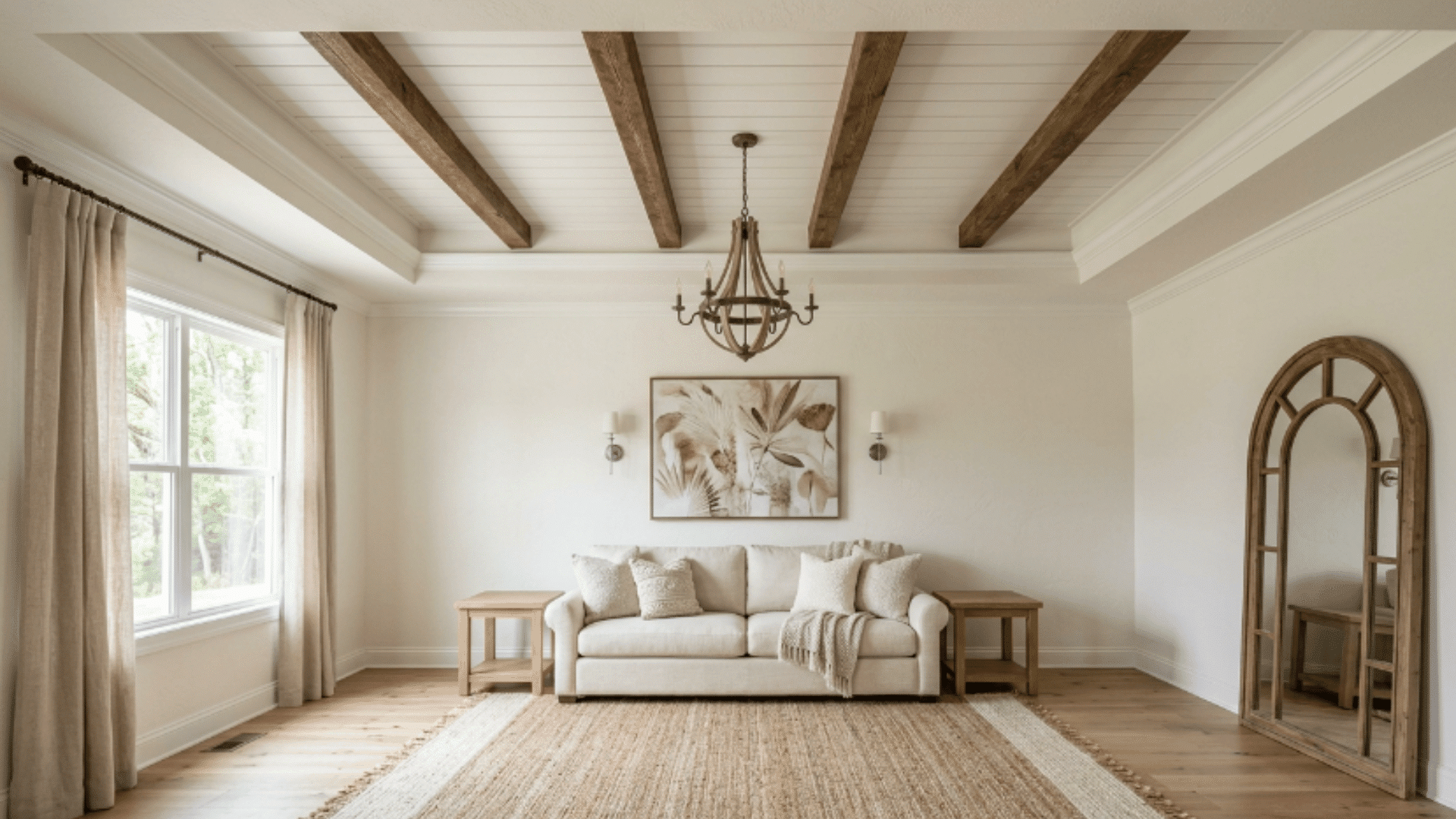 a tray ceiling with wood and white elements creating a cozy and simple farmhouse look (1)