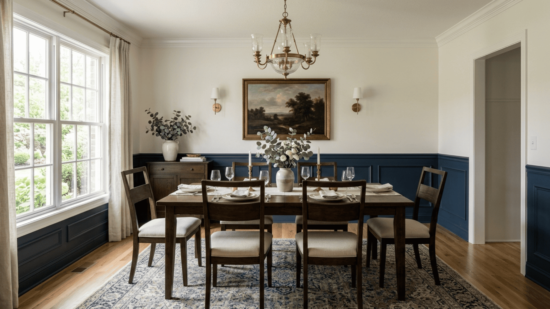 a two tone dining room with a darker lower wall and lighter upper half divided by a chair rail adding structure and visual proportion