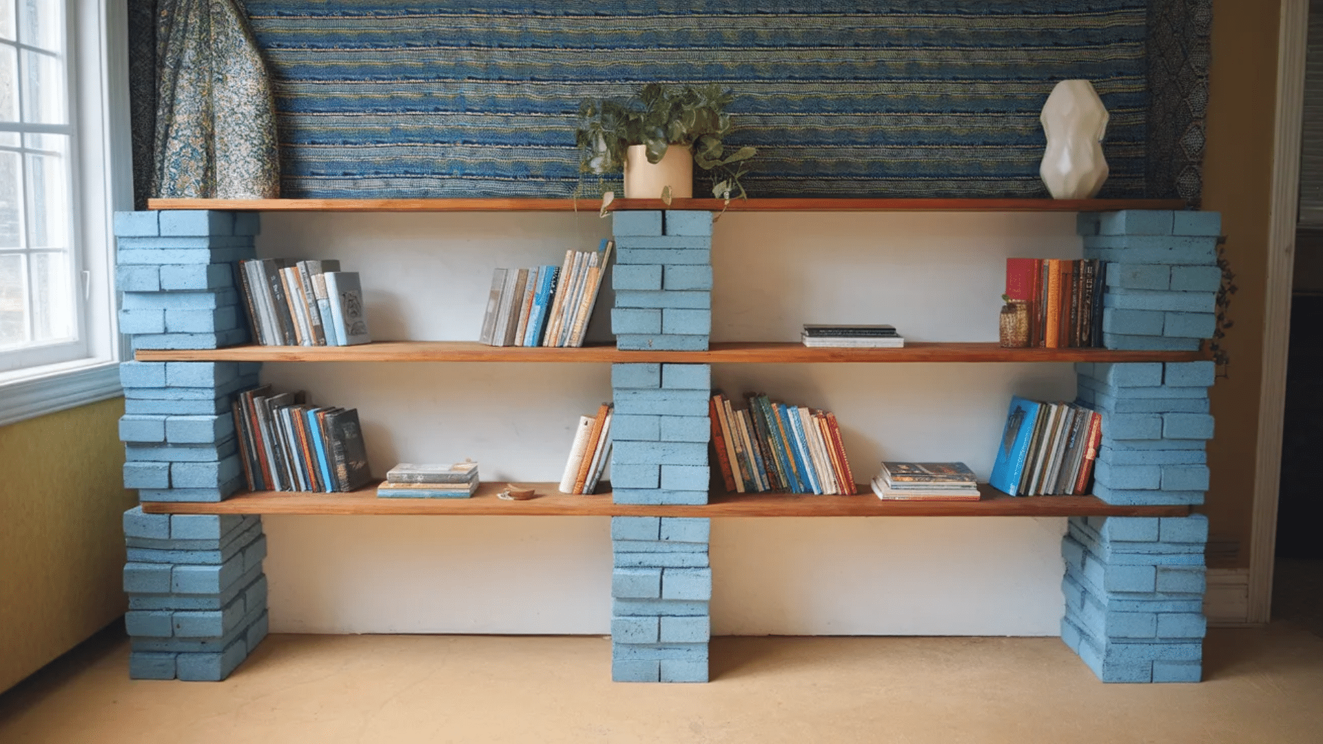 a unique bookshelf made of wooden shelves supported by painted blue cinder blocks, displaying various books and a decorative plant.