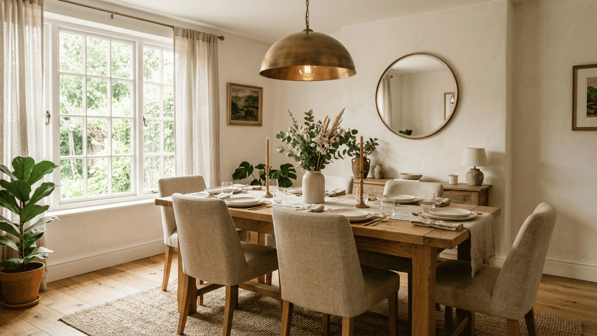 a warm white dining room with oak furniture brass pendant light and soft natural daylight creating an open and airy feel