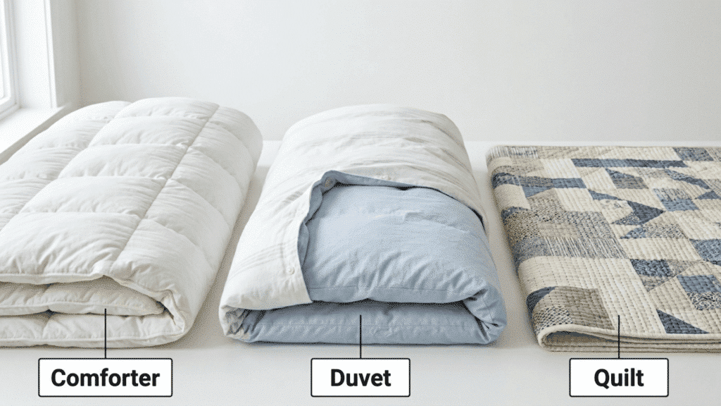 a white quilted comforter, a duvet with a light blue removable cover, and a patchwork quilt placed side by side on a white surface
