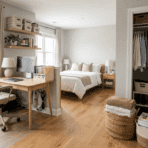 a wide interior view showing multiple organized spaces including a tidy bed area, organized desk, open closet with sorted clothes, and wall shelves with storage bins