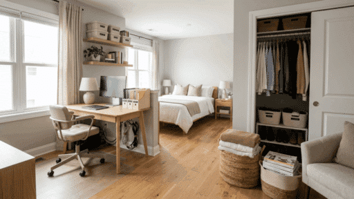 a wide interior view showing multiple organized spaces including a tidy bed area, organized desk, open closet with sorted clothes, and wall shelves with storage bins