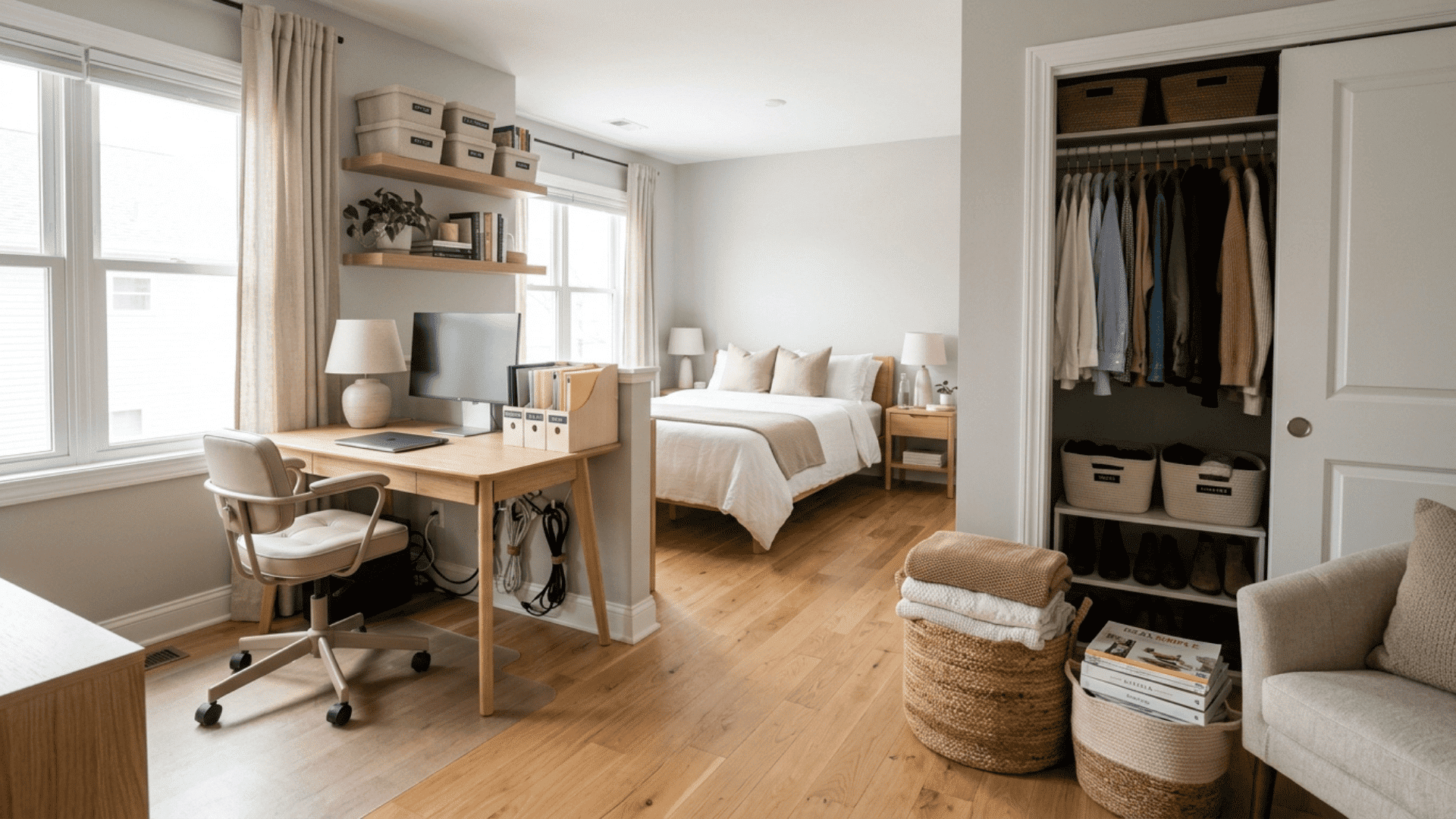 a wide interior view showing multiple organized spaces including a tidy bed area, organized desk, open closet with sorted clothes, and wall shelves with storage bins