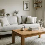 a wooden coffee table placed in front of a grey sofa showing the correct coffee table height relationship in a living room