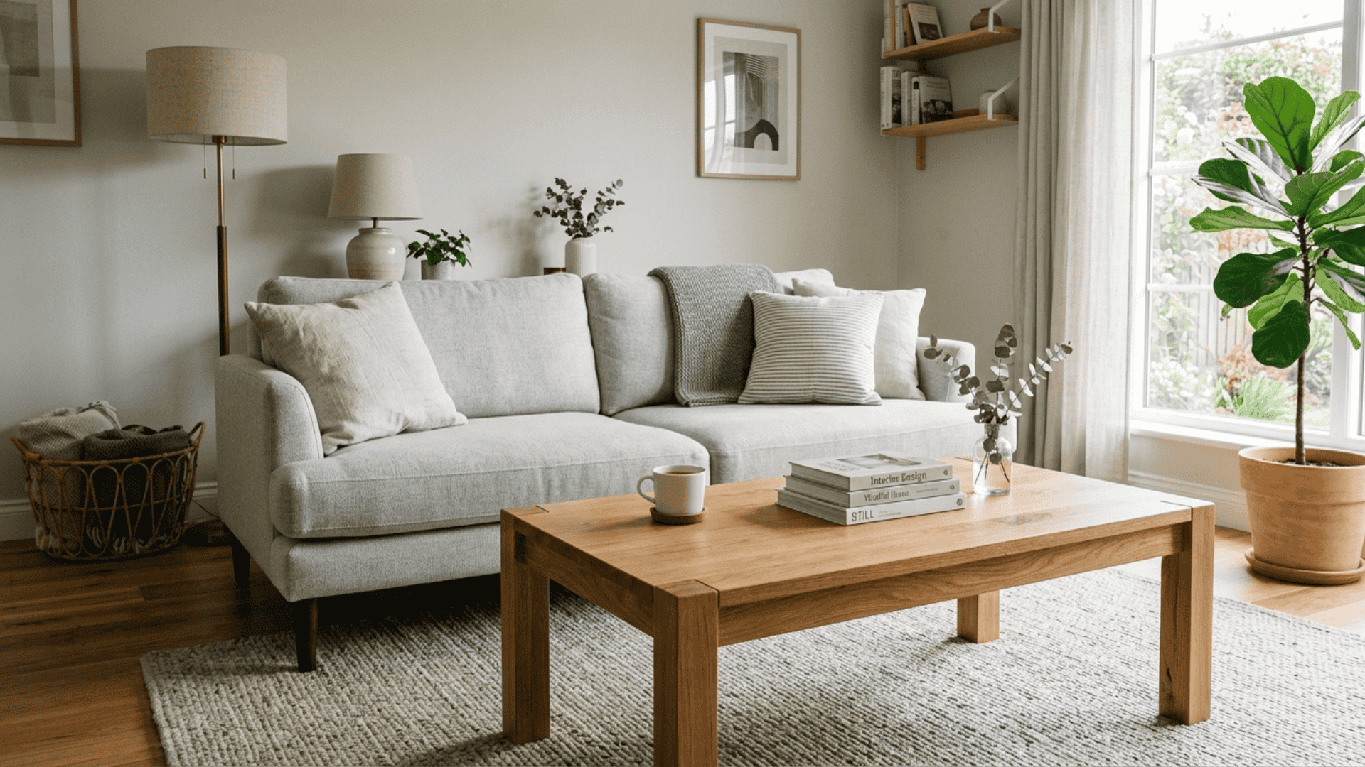 a wooden coffee table placed in front of a grey sofa showing the correct coffee table height relationship in a living room