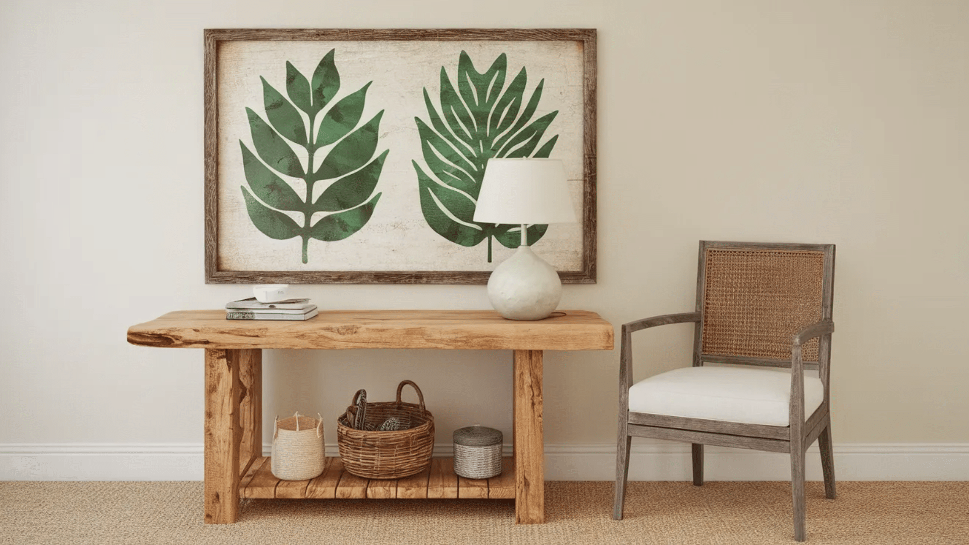 a wooden console table with a plant pot, books, and baskets underneath, next to a white chair, and a framed artwork of green leaves on the wall. A lamp sits atop the table.