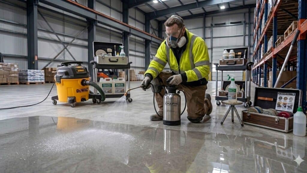 a worker in safety gear uses a pump sprayer to apply liquid densifier to a concrete warehouse floor
