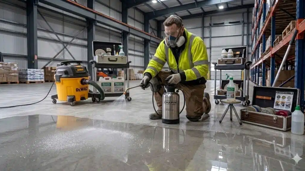 a worker in safety gear uses a pump sprayer to apply liquid densifier to a concrete warehouse floor