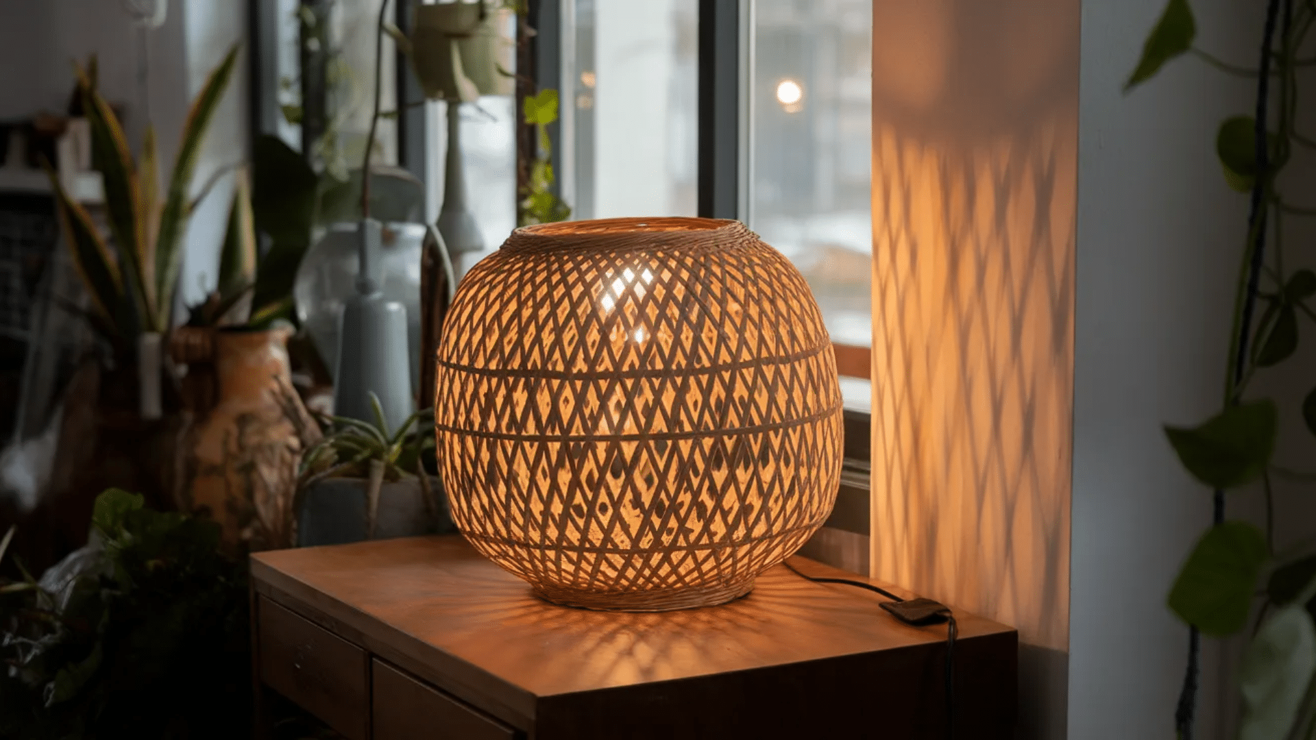 a woven rattan lamp casting intricate patterns of light and shadow on the wall, placed on a wooden surface next to plants in a cozy room setting.