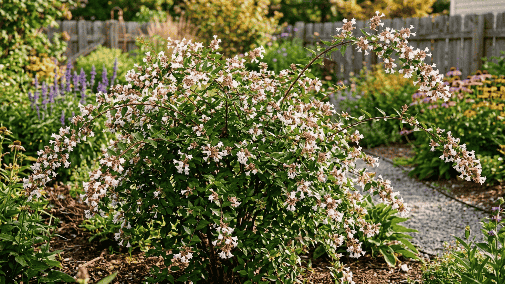 abelia shrub with small white and pink tubular flowers along arching branches photographed in a sunny late summer garden