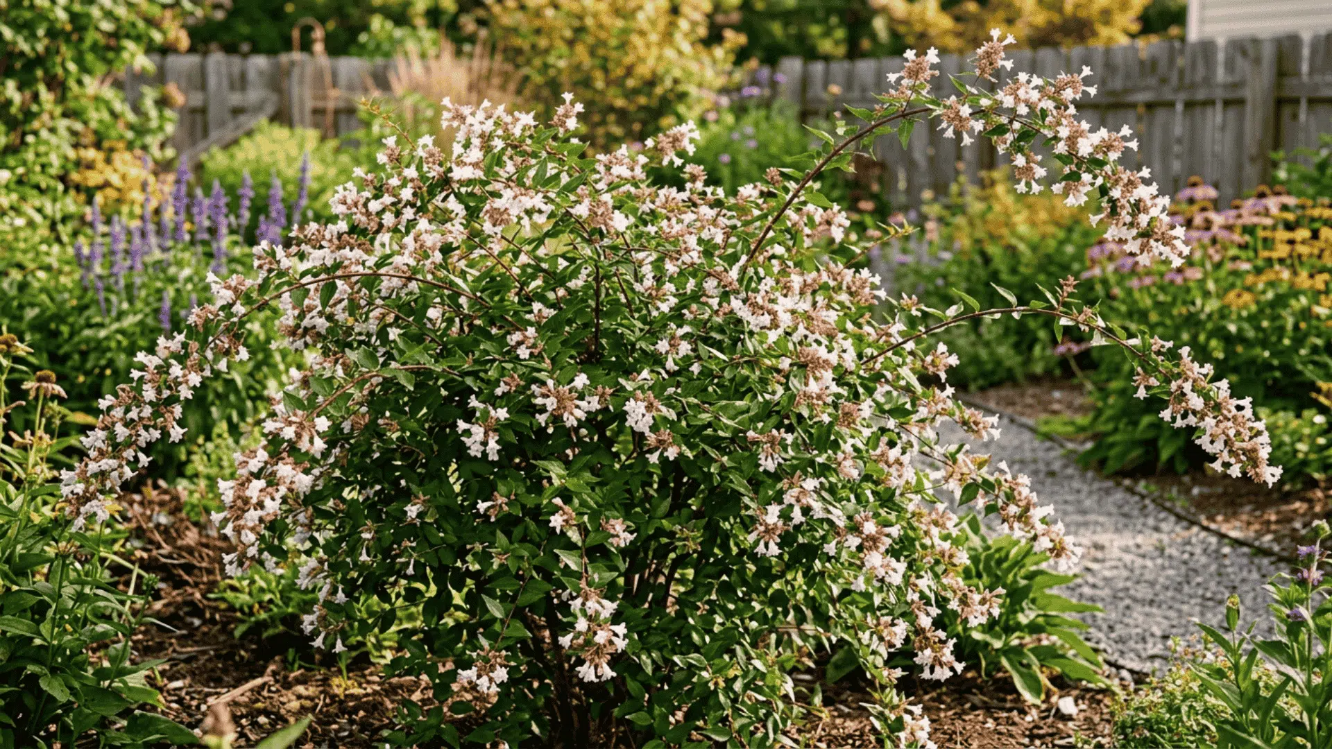 abelia shrub with small white and pink tubular flowers along arching branches photographed in a sunny late summer garden