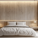 accent wall master bedroom with wood panels and neutral tones, clean layout, soft lighting, and minimal decor