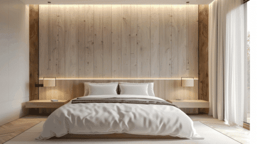 accent wall master bedroom with wood panels and neutral tones, clean layout, soft lighting, and minimal decor