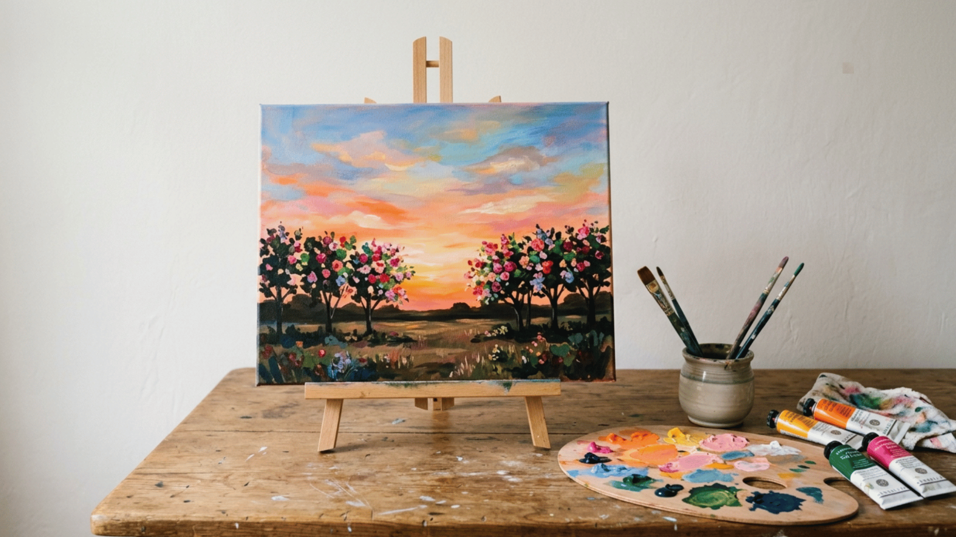 acrylic landscape painting on canvas with sunset sky, flowers, brushes, palette, and paint tubes on wooden table