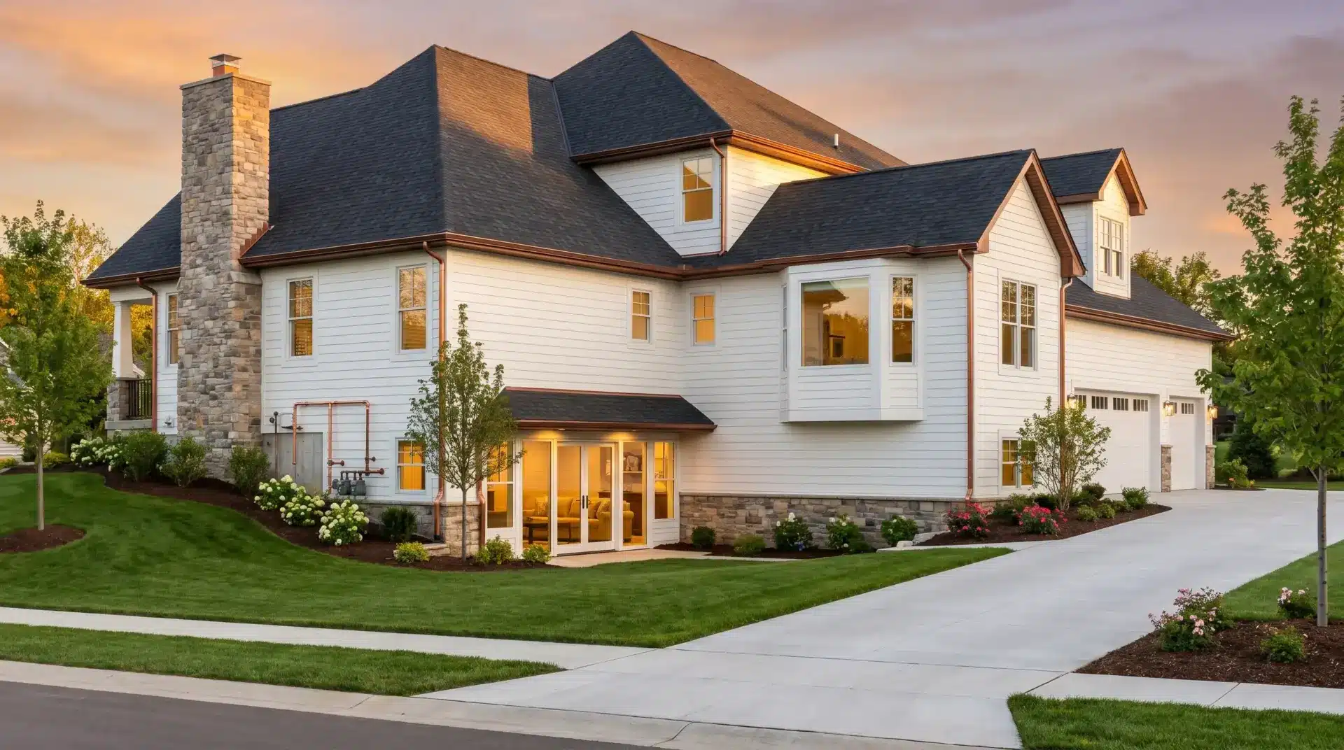 Large modern house with white siding and stone chimney at sunset, surrounded by landscaped yard
