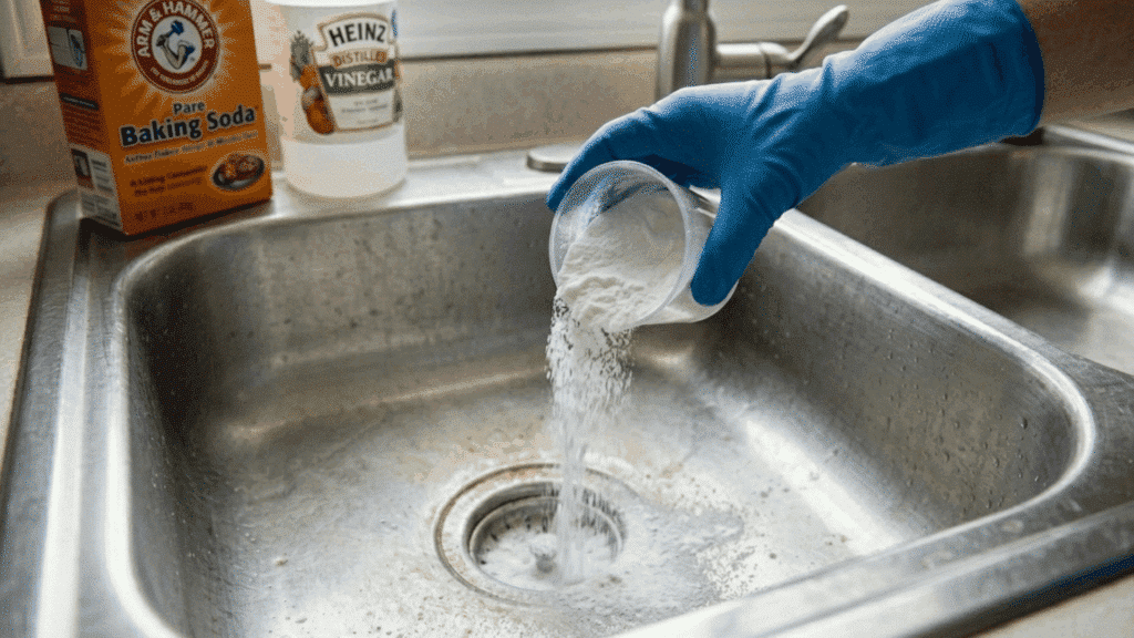 adding baking soda into sink drain as part of DIY drain cleaner method.