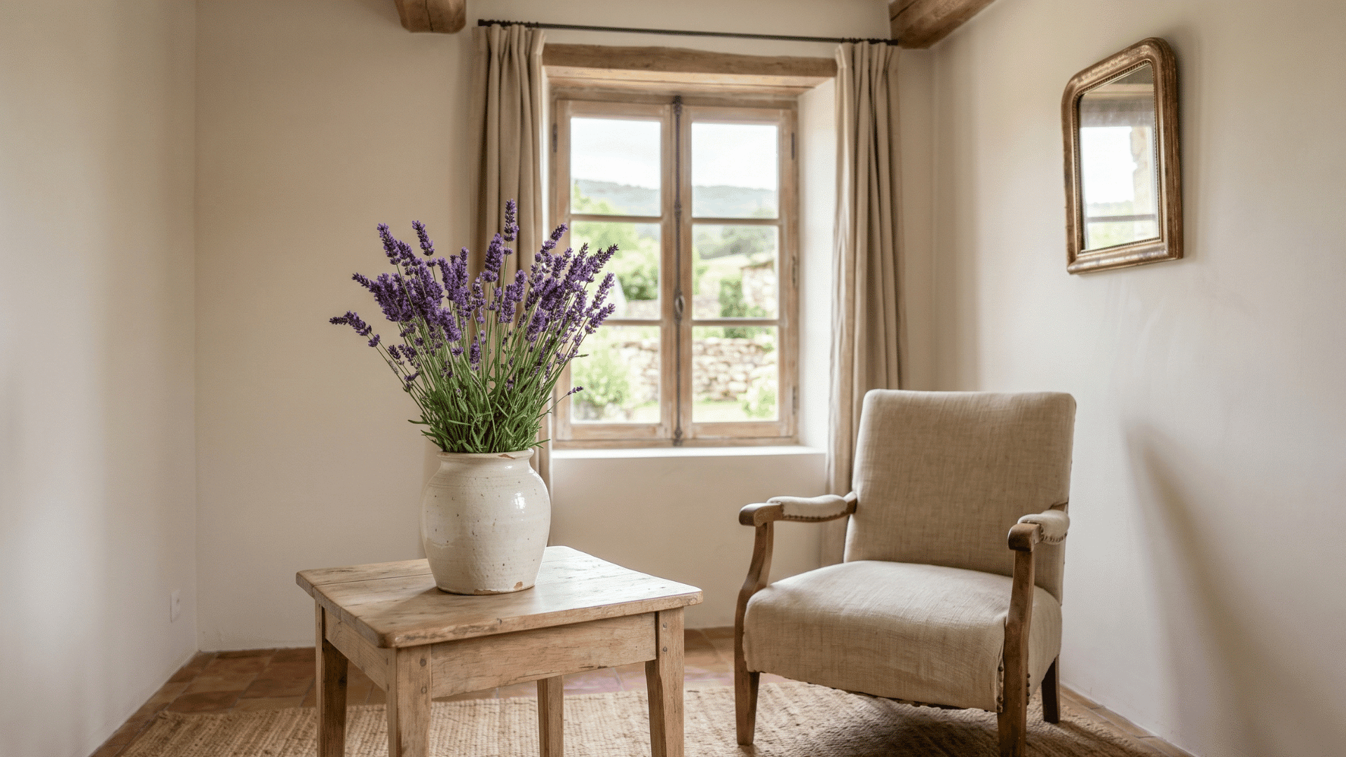 adds a natural touch with a small lavender arrangement that brings softness and light color