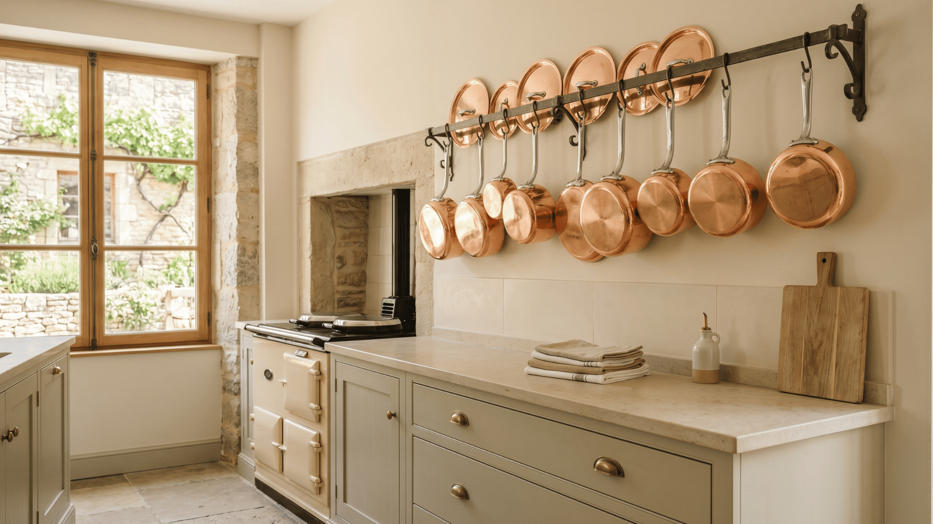 adds a warm metal touch by displaying cookware neatly without overcrowding the space
