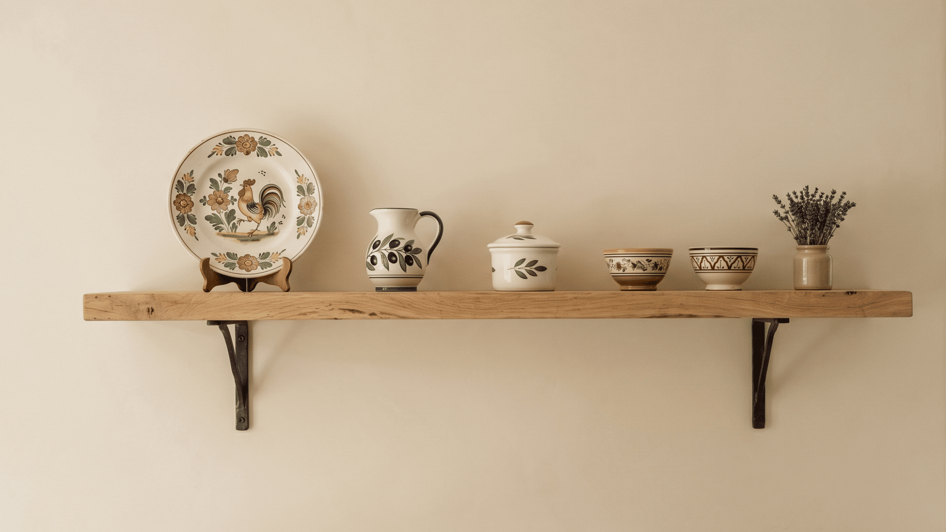 adds subtle color using a few ceramic pieces arranged neatly for a clean and simple shelf look