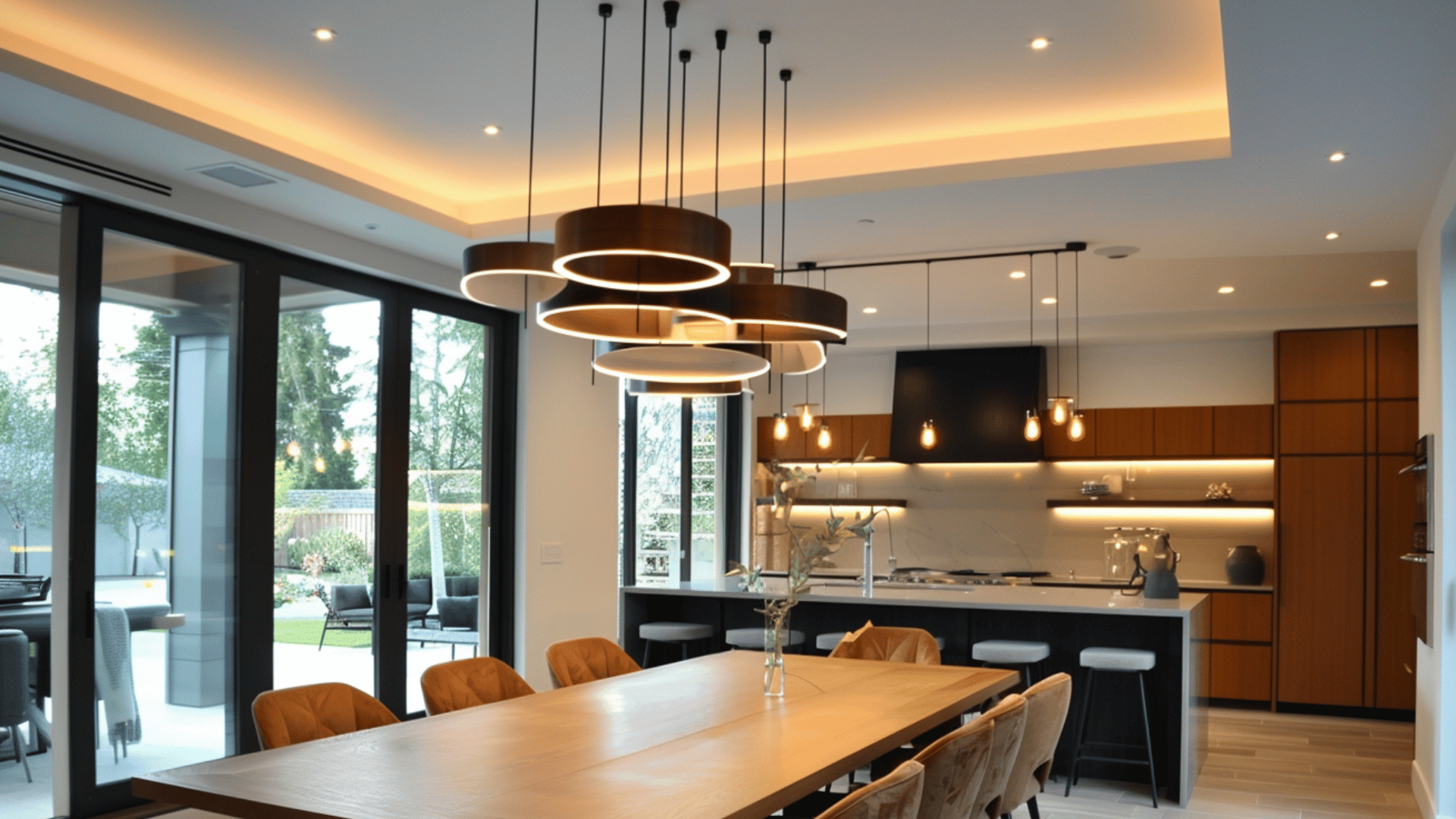 adjustable pendant light above dining table with flexible height and focused light
