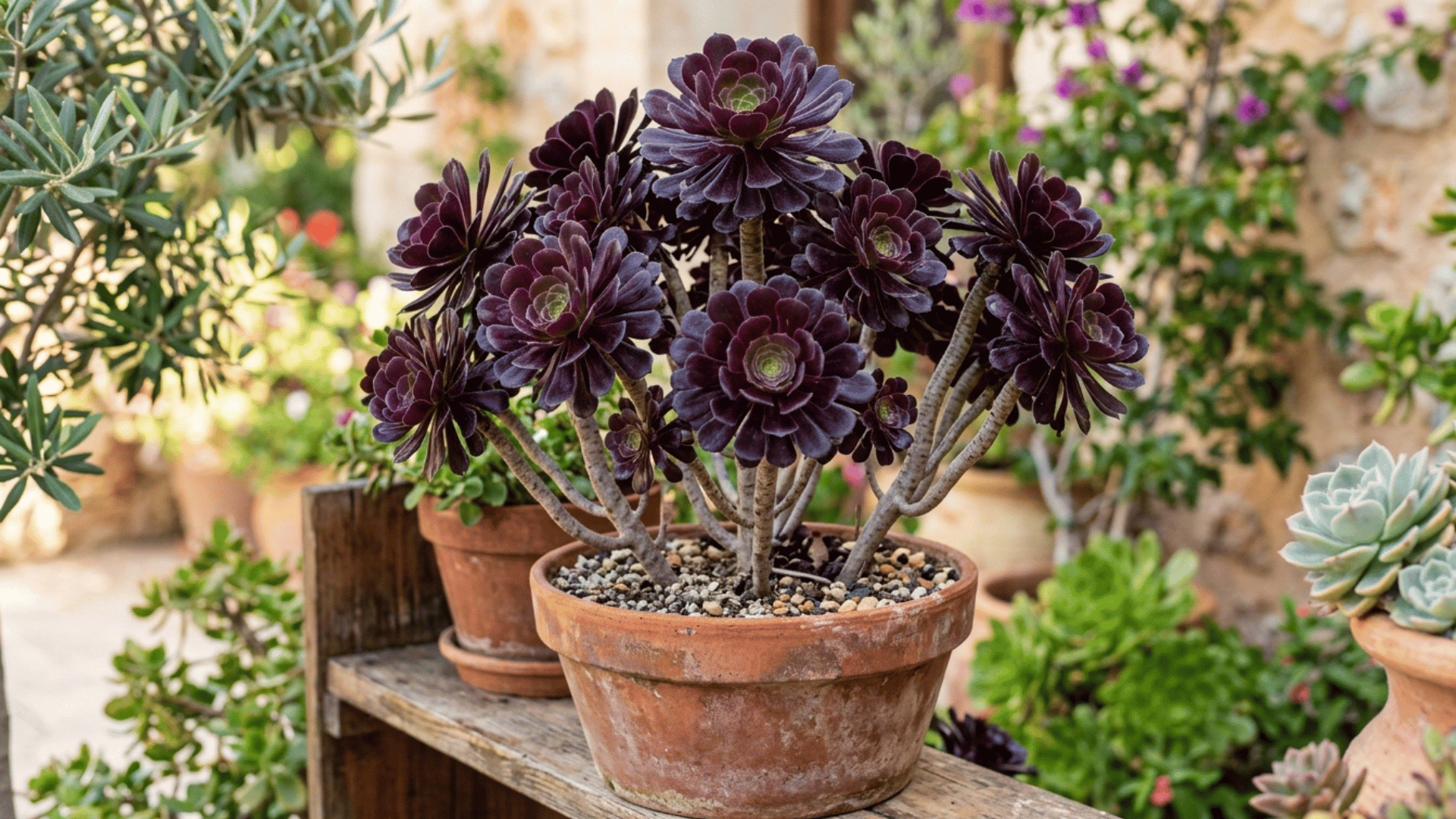 aeonium plant with dark rosette leaves in a pot placed outdoors in a garden.