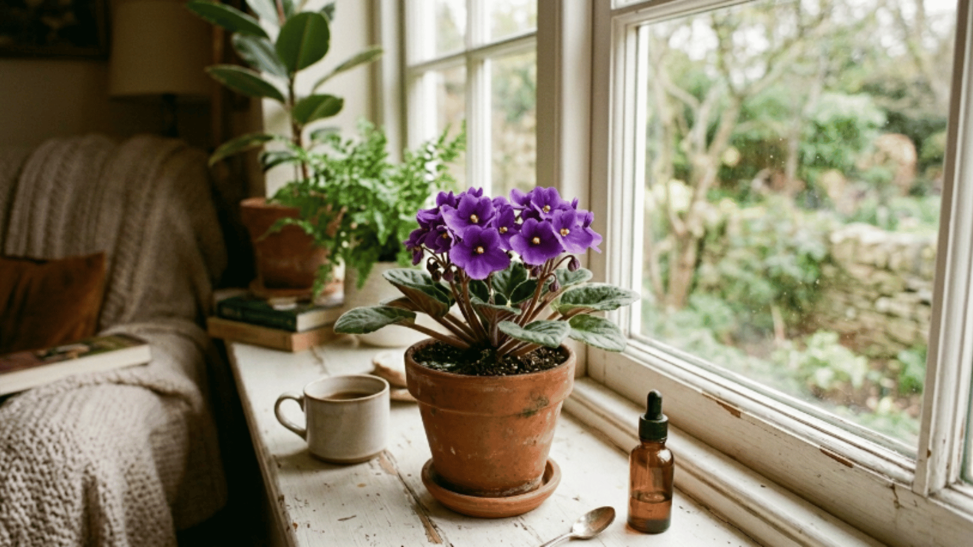african violet with purple flowers placed on a windowsill with soft daylight in a cozy and warm indoor setting