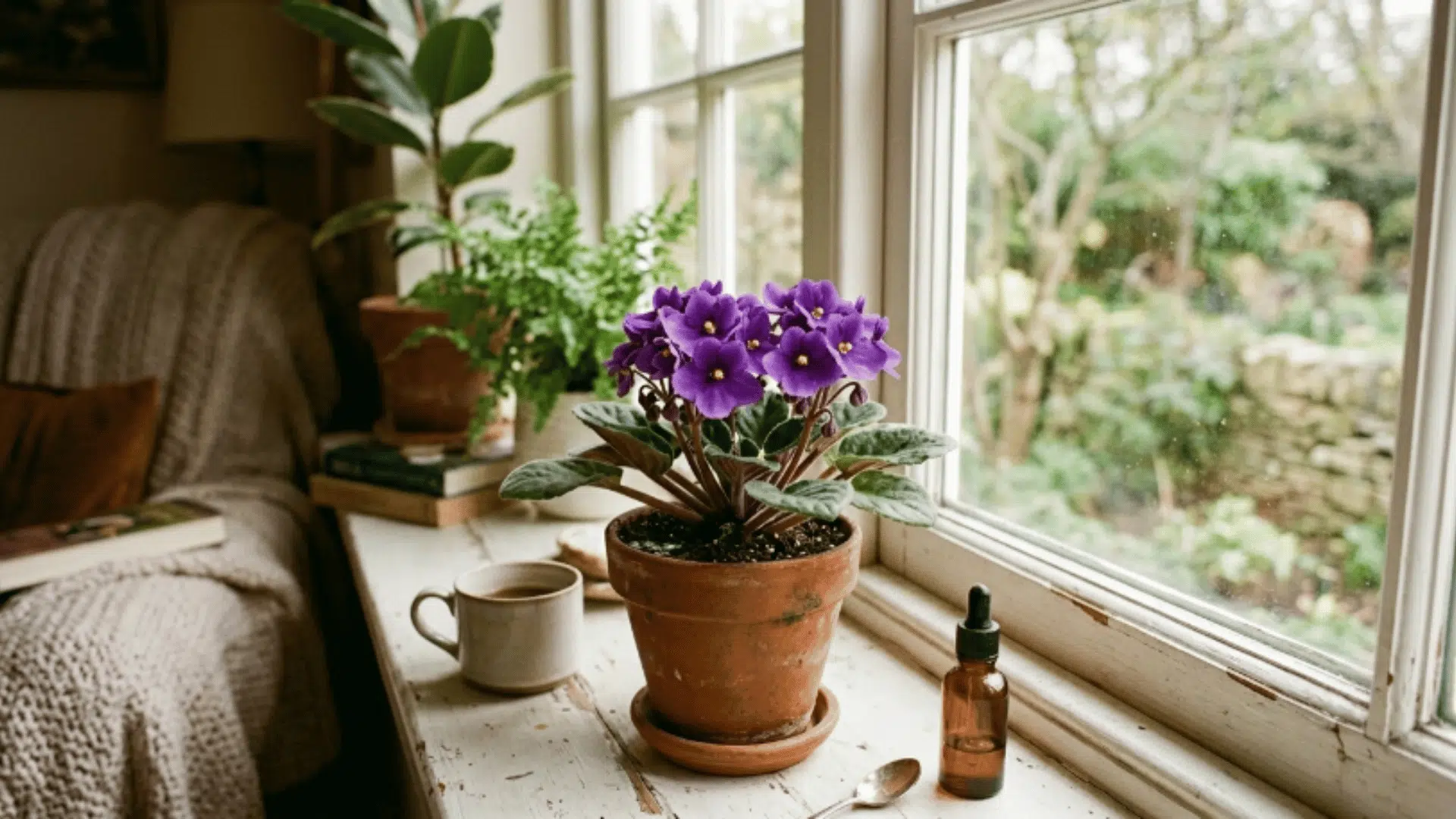 african violet with purple flowers placed on a windowsill with soft daylight in a cozy and warm indoor setting