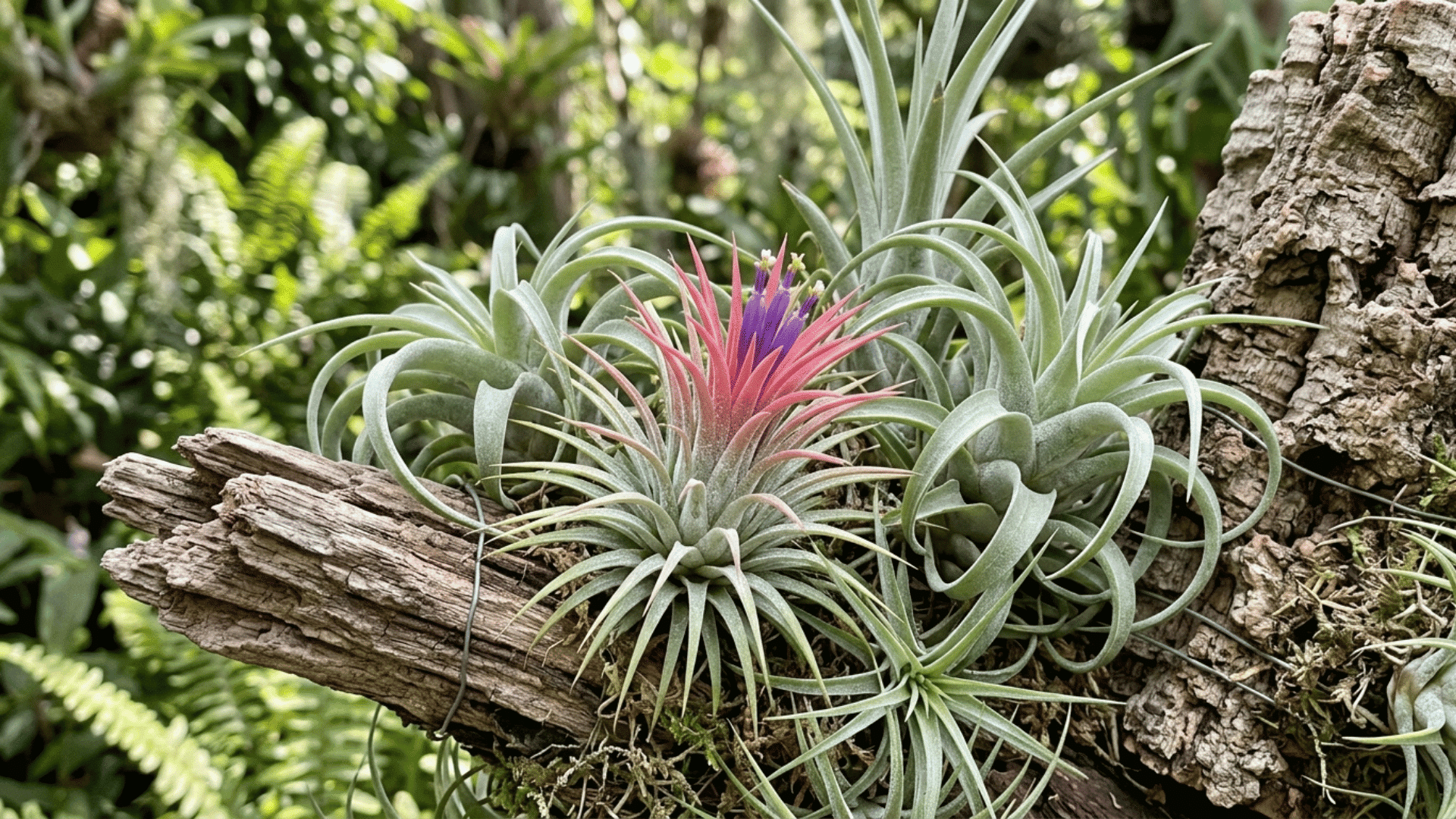 air plants attached to tree branch in tropical rainforest.