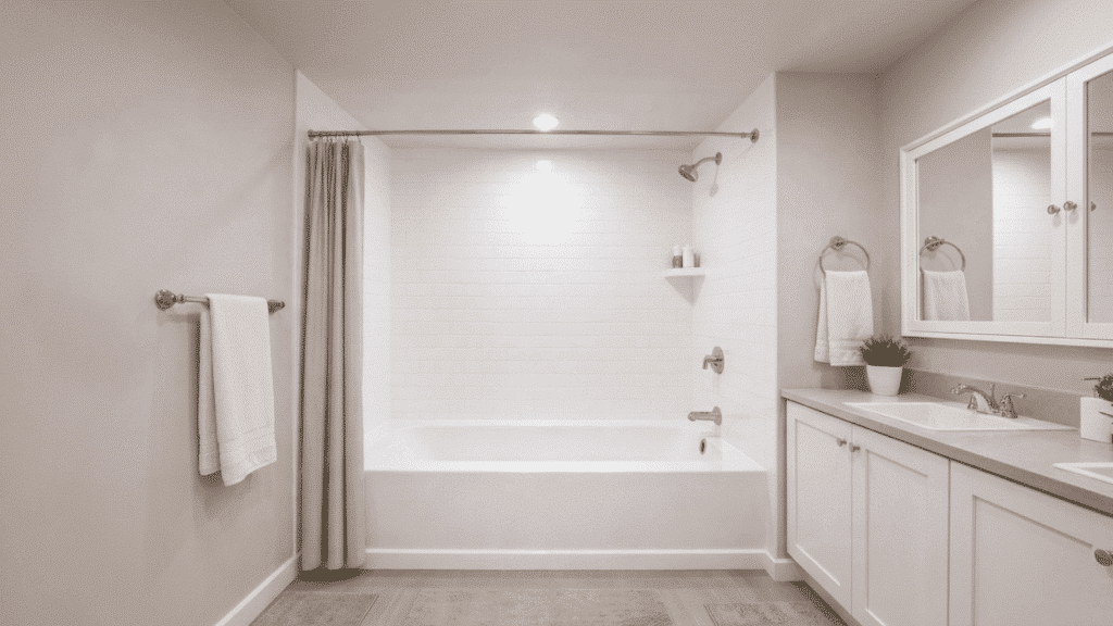 alcove bathtub built between three tiled walls in a standard home bathroom showing consistent sizing and simple plumbing setup