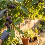 Gardener harvesting ripe figs in sunlit backyard garden with potted plants nearby