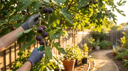Gardener harvesting ripe figs in sunlit backyard garden with potted plants nearby