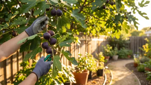 Gardener harvesting ripe figs in sunlit backyard garden with potted plants nearby