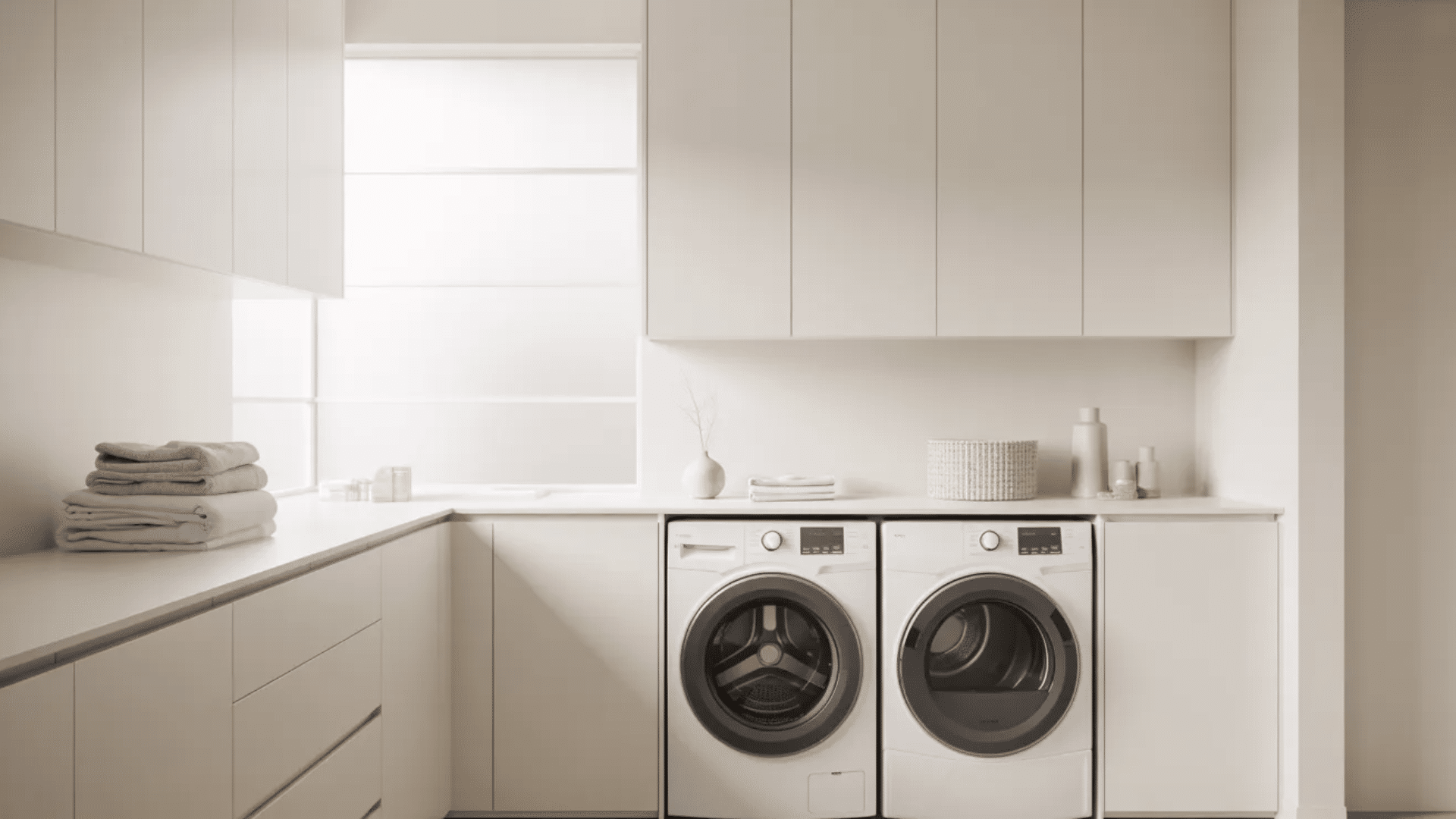 all-white laundry room with clean cabinets, washer and dryer, soft textures, and bright minimal designwasher and dryer, and a bright modern design