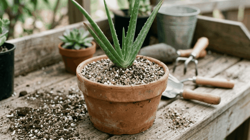 aloe vera being planted in well draining soil with sand and perlite in a pot