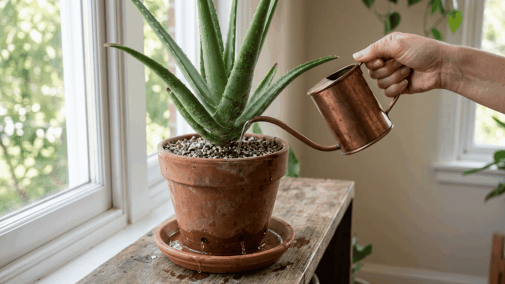 aloe vera plant being watered in a terracotta pot with dry soil and natural light