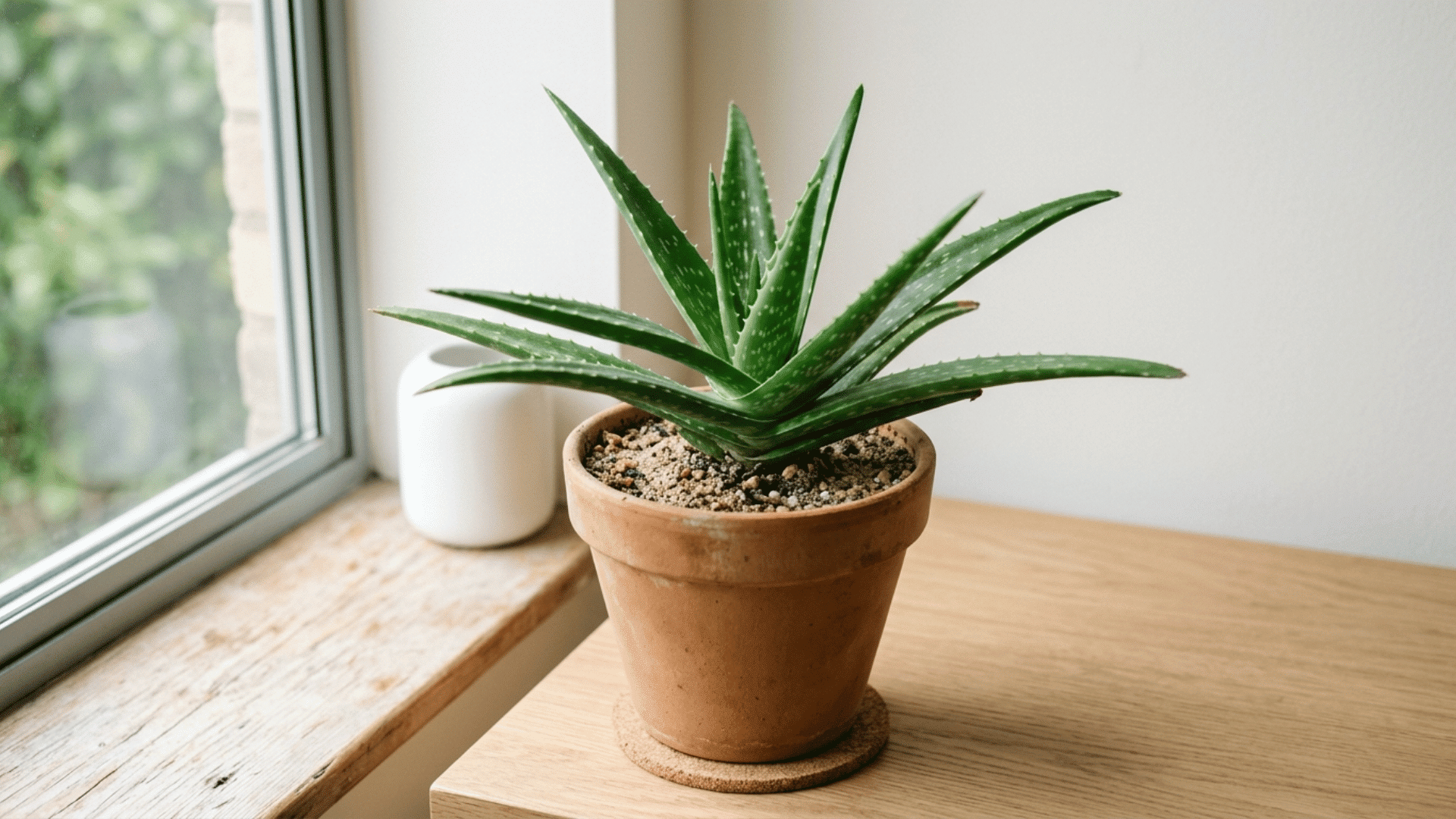 aloe vera plant in a clay pot placed on a wooden surface near a window with bright natural light and minimal decor