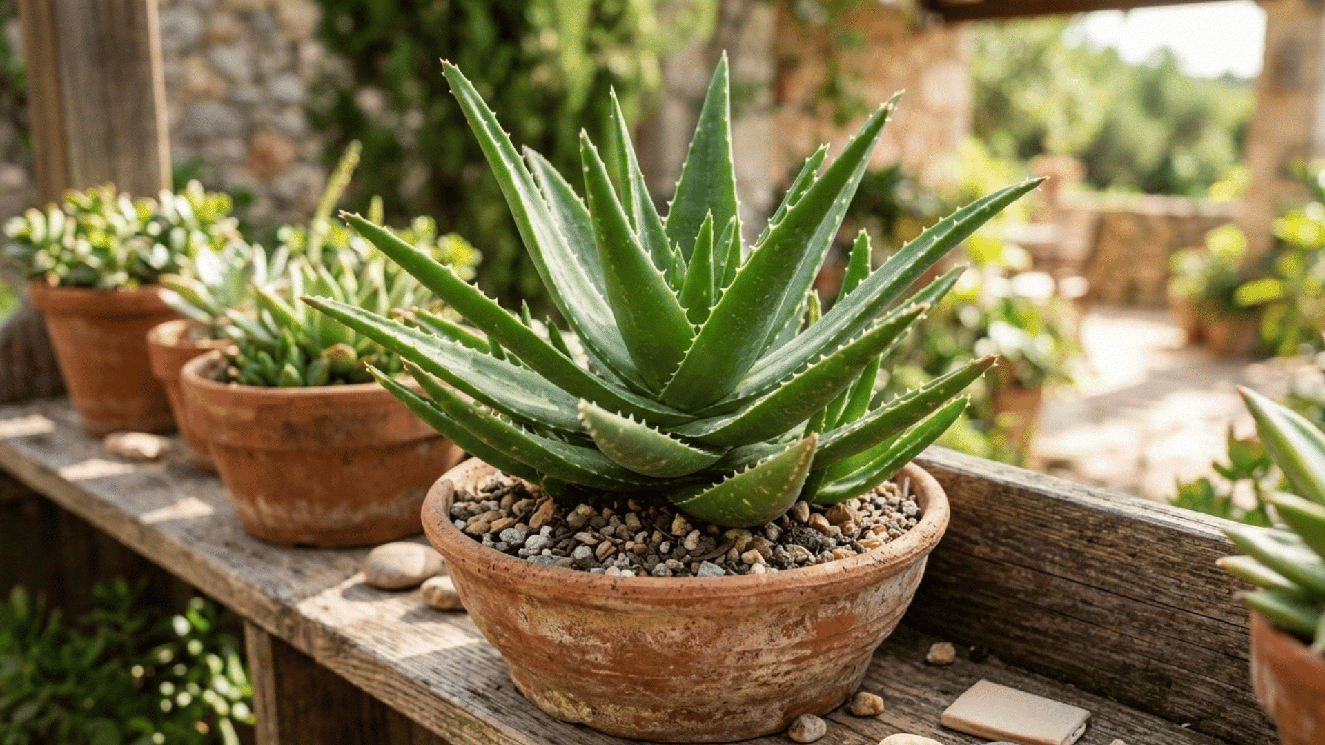 aloe vera plant in a clay pot with thick green spiky leaves on a wooden garden table.