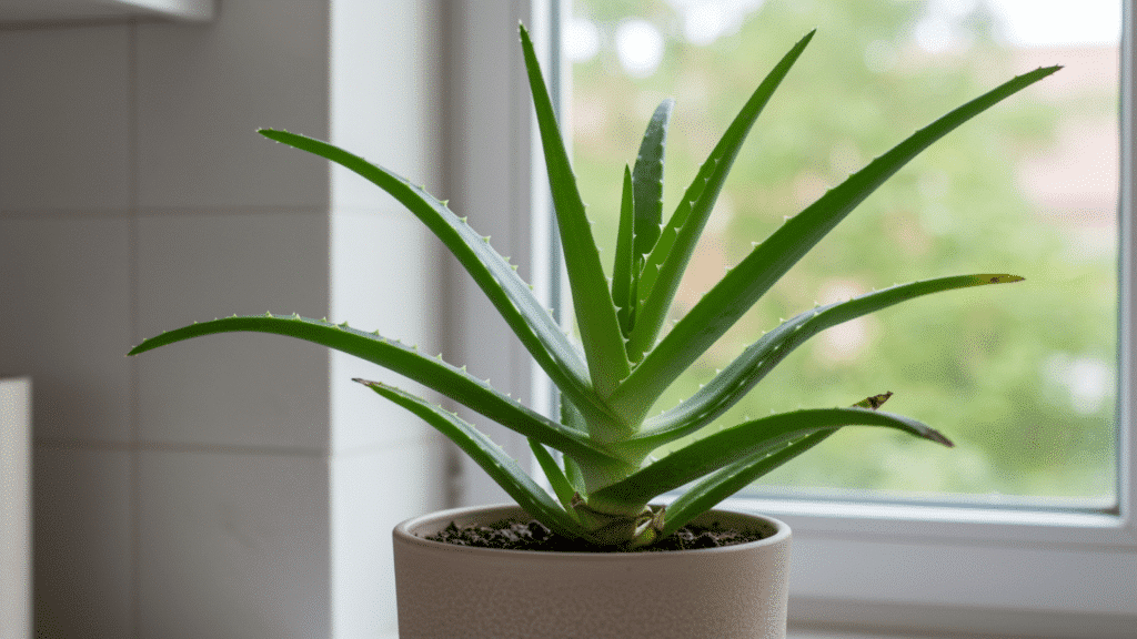 aloe vera plant in small pot by window, thick green leaves with pointed tips, natural light, and soft blurred outdoor greenery